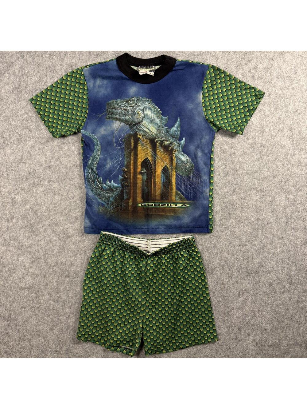 Godzilla T-Shirt and Shorts Set Green Patterned Movie Graphic 8-10